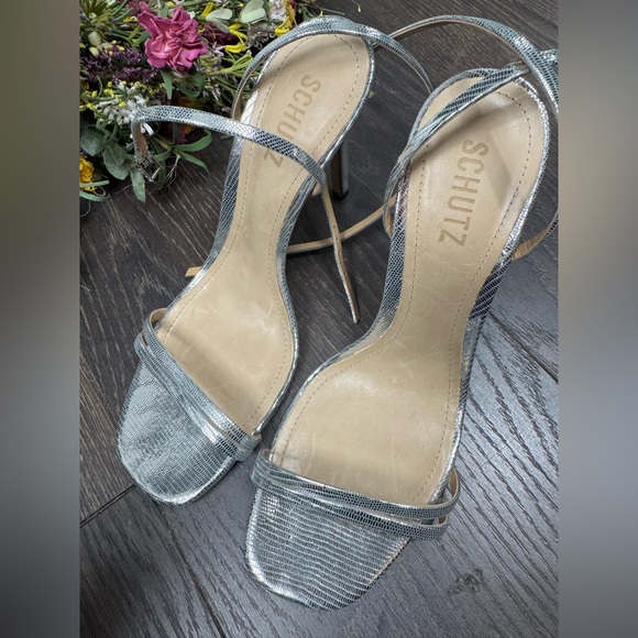 Schutz Altina Strappy Metallic Leather Sandals stiletto heel ankle strap - Picture 4 of 5